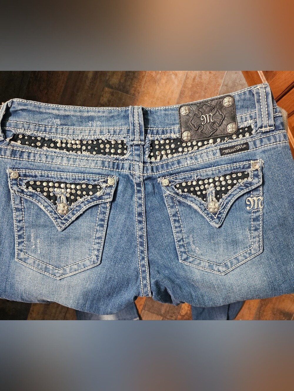 Miss Me Blue Denim Boyfriend Jeans with Studded Black Trim